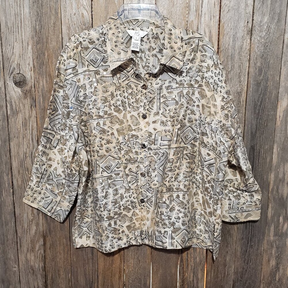 IOS Top Blouse M L Beige Gray Burnout 3/4 Sleeve Button Front Sheer Linen‎ Blend